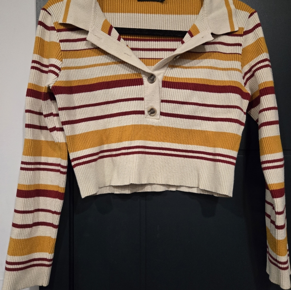 Nasty Gal Cream Striped Cropped Polo Sweater with Yellow Burgundy Stripes 10/12 - Picture 2 of 4